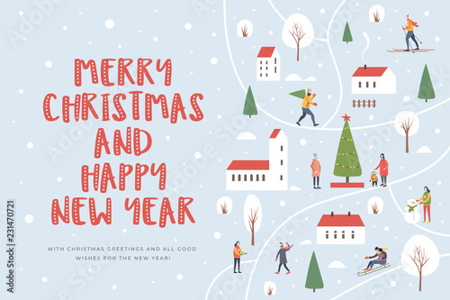 Christmas and Happy New Year. Map of a winter city with houses and with snow-covered trees, walking people. Variety of cozy houses with red roofs under snowfall. Festive seasonal vector illustration.