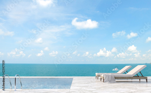Fototapeta Naklejka Na Ścianę i Meble -  Luxury swimming pool terrace with sea view 3d render,There are white marble floor.Furnished with rattan furniture.There have bright sunlight and beautiful sky.