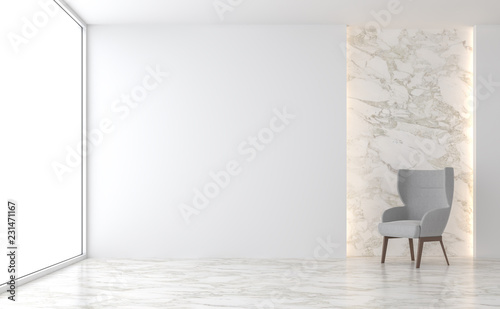 Fototapeta Naklejka Na Ścianę i Meble -  Minimal living room 3d render,There are marble floor,white wall,decorate with hidden light in the wall,Furnished with gray fabric chair,The room has large windows look out to see outside.
