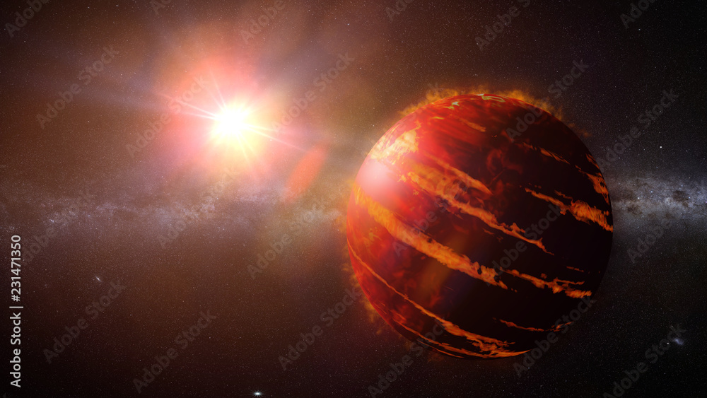 Naklejka premium hot Jupiter class exoplanet, gas giant planet lit by an alien star 