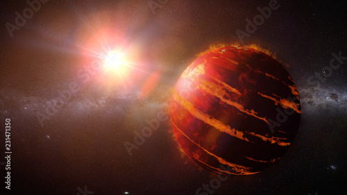 Fototapeta Naklejka Na Ścianę i Meble -  hot Jupiter class exoplanet, gas giant planet lit by an alien star 