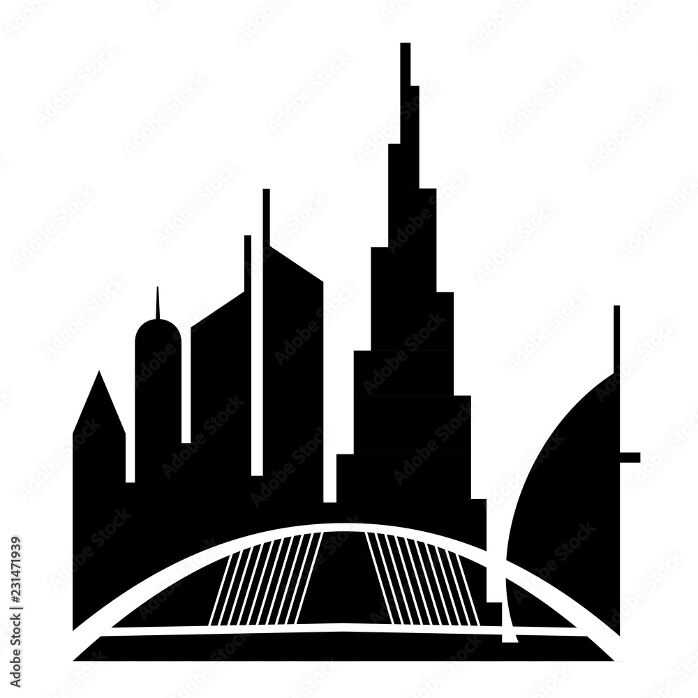 United Arab Emirates  Urban cityscape with Dubai skyscraper buildings silhouette. vector illustration isolated from white background
