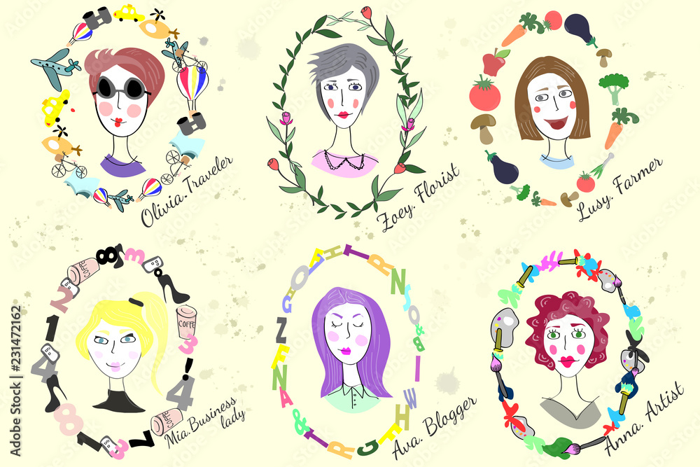 Six Ladies. Six professions. Vector set