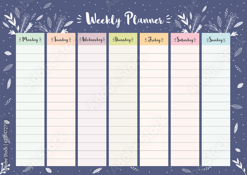 Simple Colorful Weekly Planner. Printable Floral Vector Schedule. Dark Blue Background. 7 Columns. Each Day in Different Bright Pastel Colors. Delicate Personal Daily Planner.