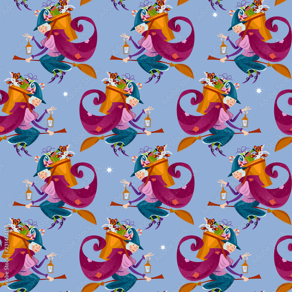 Obraz premium Befana. Old woman flying on a broomstick with a basket of gifts for children. Italian Christmas tradition. Seamless background pattern.