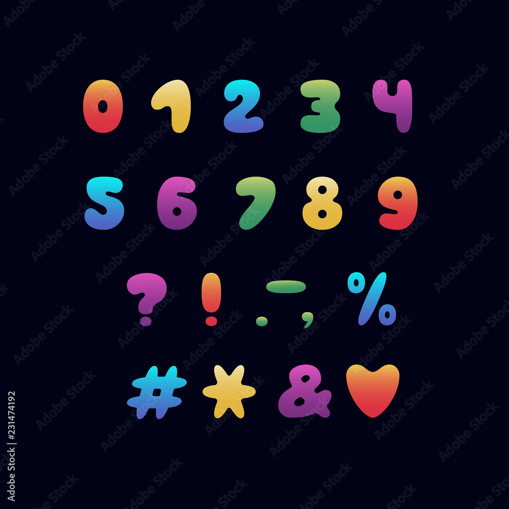 Alphabet cartoon design. Rainbow style. Numbers and punctuation marks. Font vector typography. EPS 10