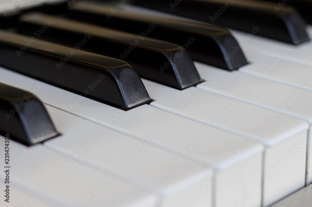 Piano keys close up, side view