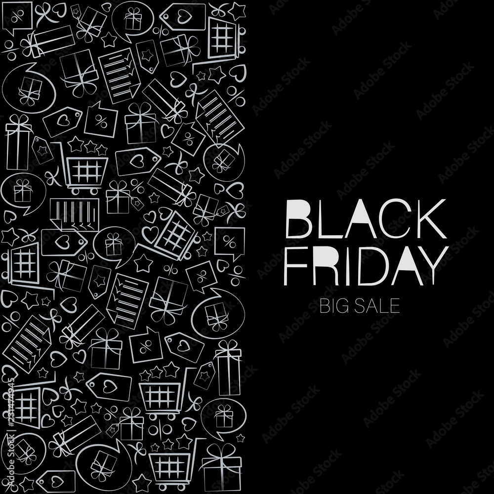 Black Friday. White signs arranged in a rectangle. Web banner, logo, emblem and label. Inscription design template with contrasting signs, bright signboard, black and white poster.