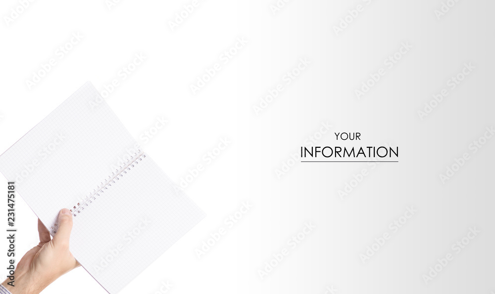 Male hands holding notebook pattern on white background isolation