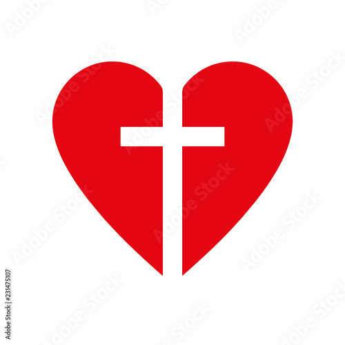 Christian cross icon in the heart inside. Red christian cross sign. Vector illustration.