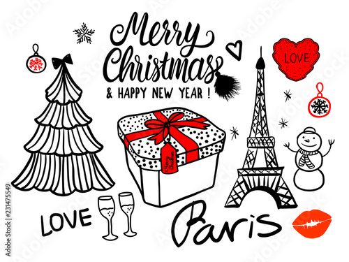 Merry Christmas and Happy New Year Card fashion black and red sketch celebration gift box, tree and fireworks. Hand drawn Vector illustration isolated on white background.