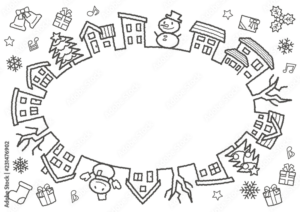 デフォルメした家と木の楕円サークル(手書風線画のみ)クリスマスバージョン
