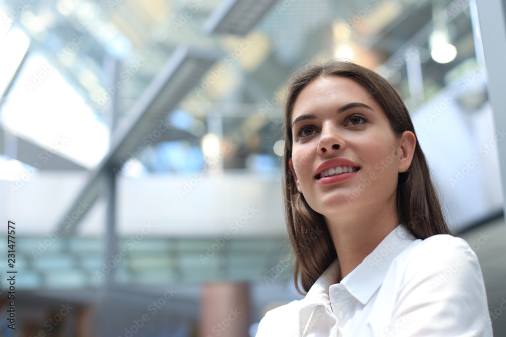 Modern business woman in the office with copy space. Modern business woman in the office with copy space.