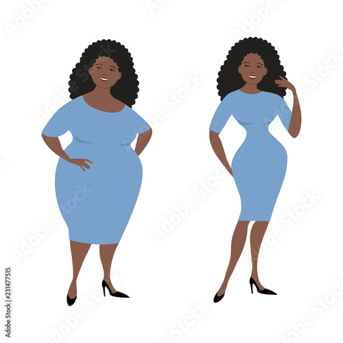 Plump black woman in a blue dress isolated on a white background and the same woman after losing weight. Vector illustration.