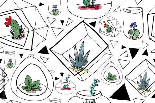 Succulents in terrarium seamless pattern