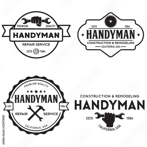 Handyman labels badges emblems and design elements. Tools silhouettes. Carpentry related vector vintage illustration.