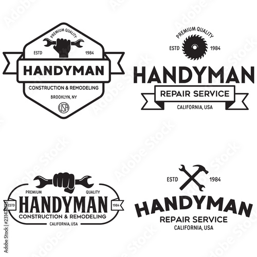 Handyman labels badges emblems and design elements. Tools silhouettes. Carpentry related vector vintage illustration.