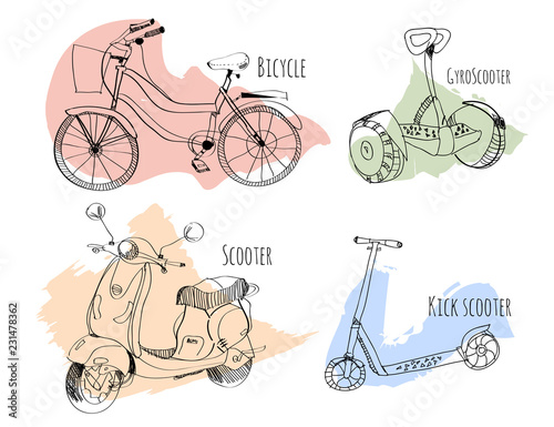 Bicycle, scooter, gyroscooter and kick scooter set