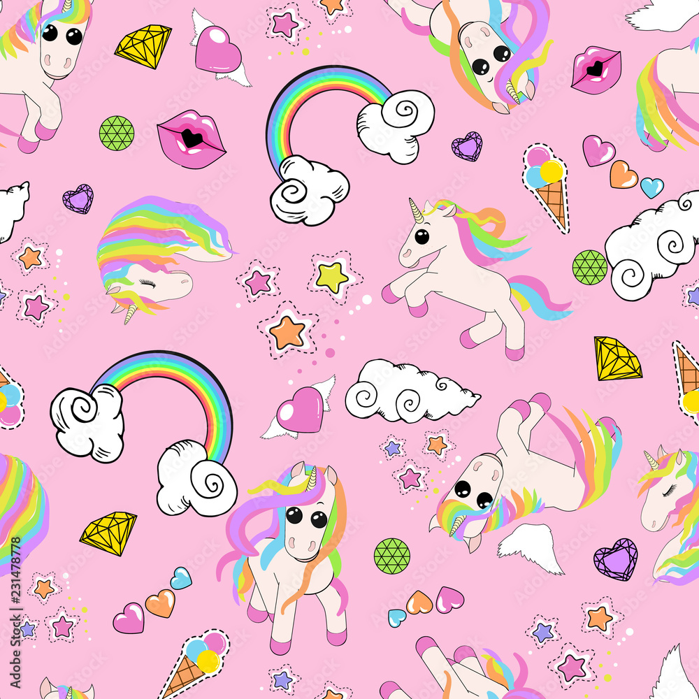 pattern with unicorns, rainbow, clouds, heart with wings, lips, stars pattern with unicorns, rainbow, clouds, heart with wings, lips, stars