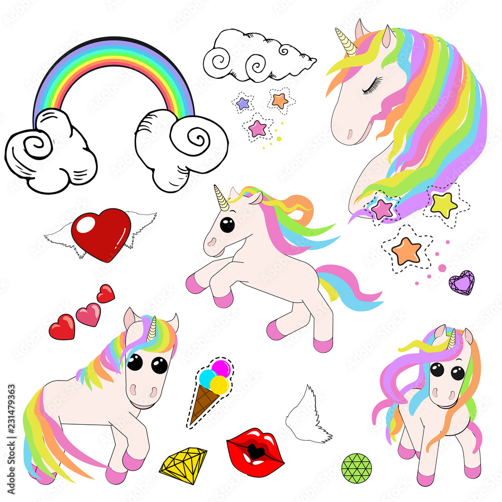 Fototapeta premium A set of icons of unicorns, stars, ice cream, rainbow, clouds with curls, lips in a kiss, ice cream in a horn and diamonds.