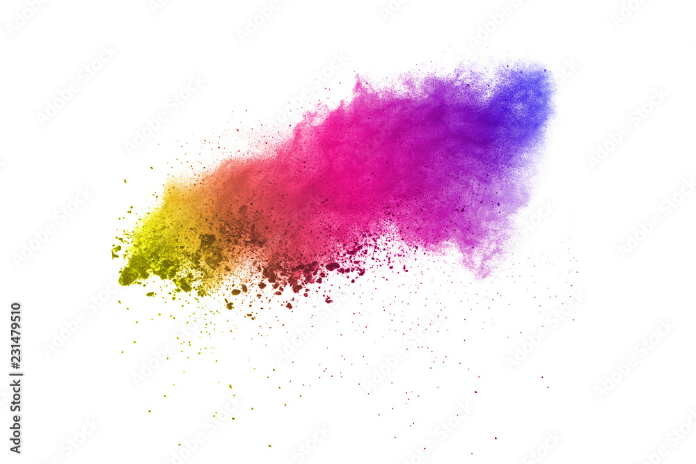 Freeze motion of colored powder explosions isolated on white background.