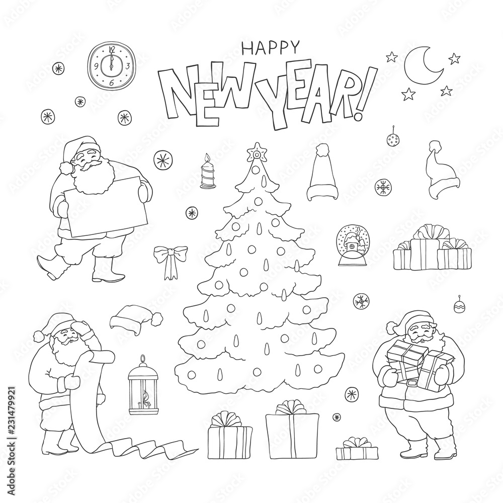 New year set Santa Claus holiday symbols. Vector black sketch line Christmas tree character and gift box with ribbons. Greeting lettering and other isolated decorations for design card and packaging.