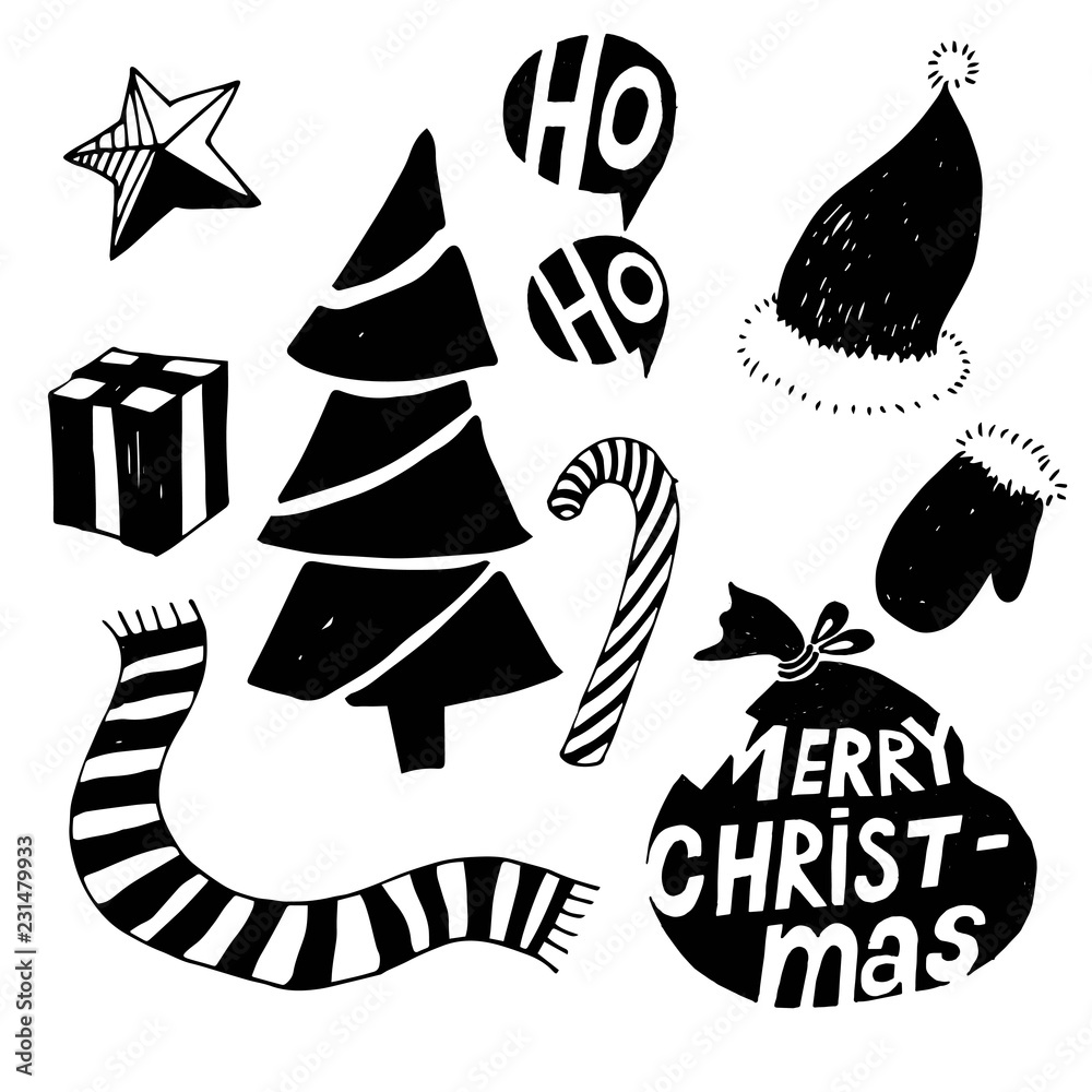 Happy New Year typographic emblems set. Vector logo, text design. Black and white. Usable for banners, greeting cards, gifts etc. Happy New Year typographic emblems set. Vector logo, text design. Black and white. Usable for banners, greeting cards, gifts etc.