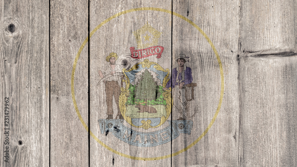 Fototapeta premium USA Politics News Concept: US State Maine Seal Wooden Fence Background