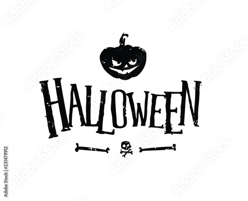 Logo for the holiday of Halloween. Vector. Orange pumpkin and skull. Capital letters. Uneven font. Scary and terrible illustration for a poster design, flyer. Badge and logo. Sticker.