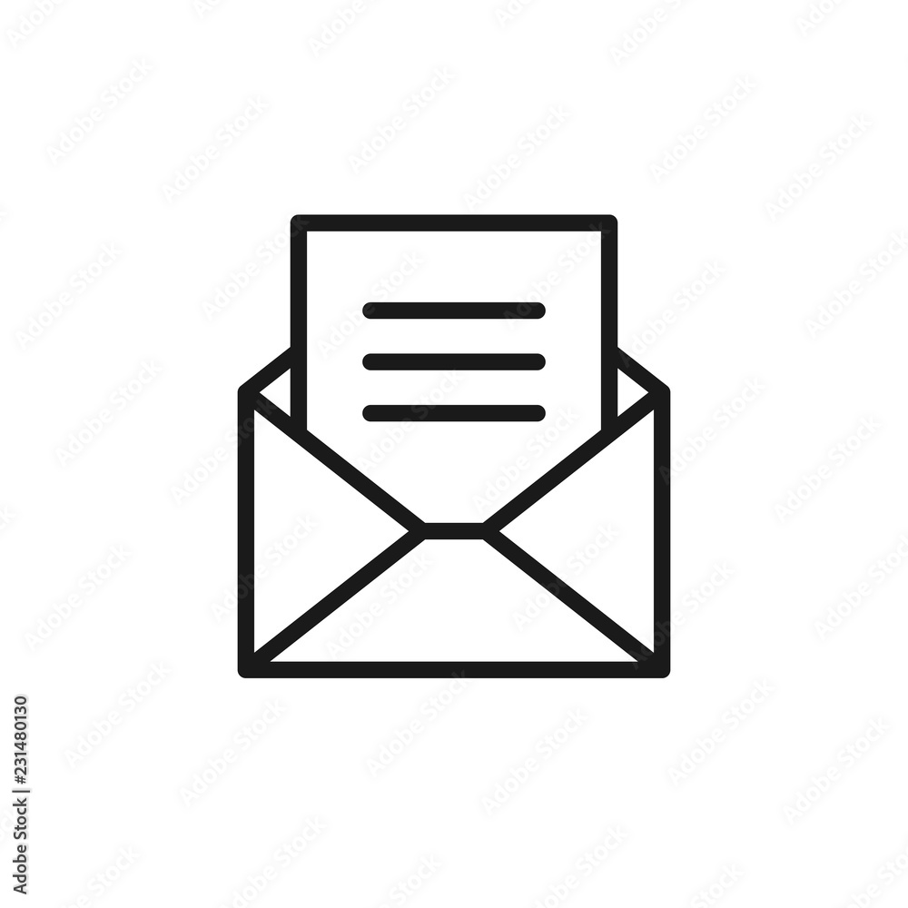 Black isolated outline icon of envelope with blank, document, letter on white background. Line Icon of envelope. Mail, e-mail, email. Black isolated outline icon of envelope with blank, document, letter on white background. Line Icon of envelope. Mail, e-mail, email.