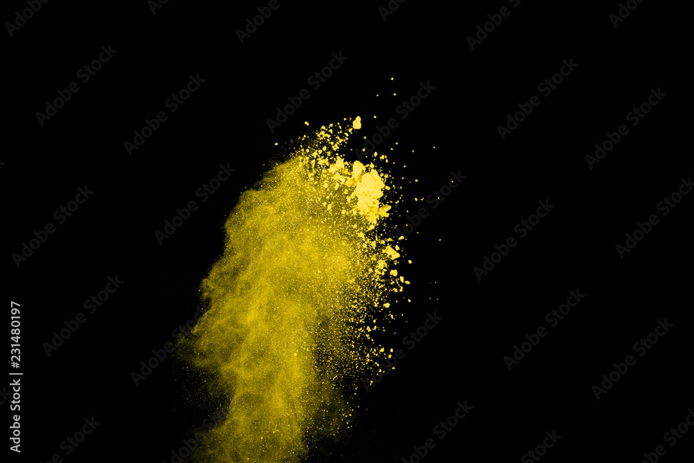 Gold powder particles explosion. Glitter burst with golden texture. Yellow color dust splash for fashion background. Gold powder particles explosion. Glitter burst with golden texture. Yellow color dust splash for fashion background.