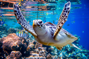 Sierkussen Schildpad Zeeschildpad tussen kleurrijke koralen  © Andrei Armiagov