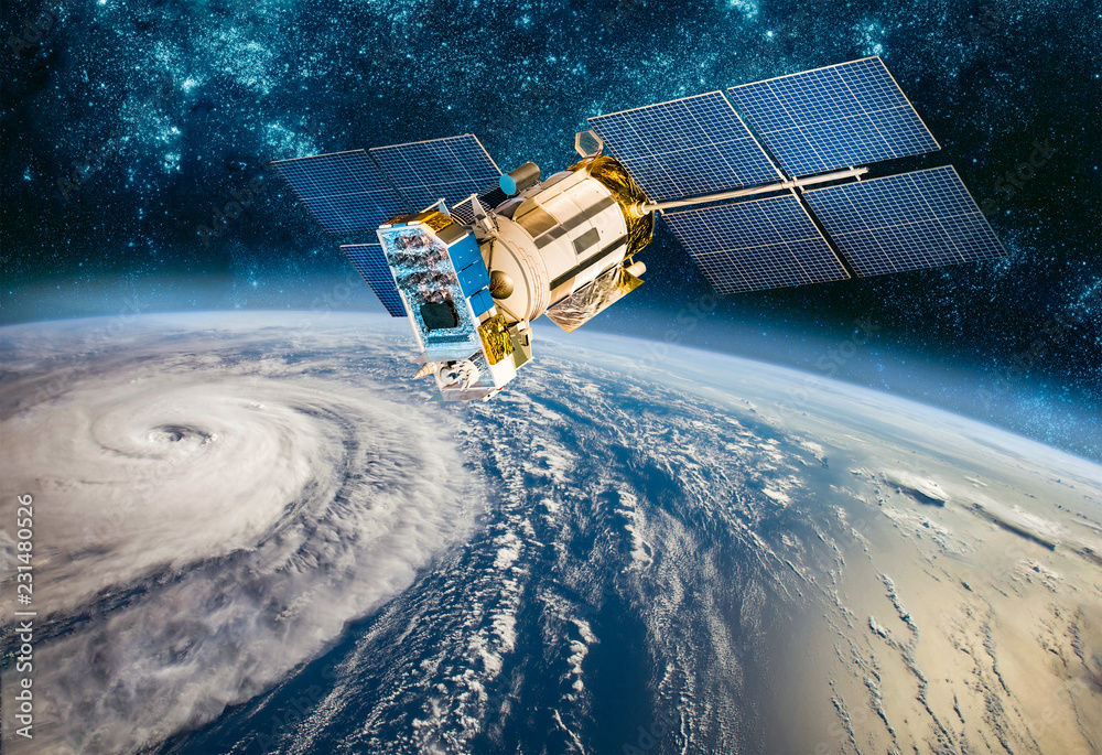 Fototapeta premium Kosmiczny monitoring satelitarny z orbity Ziemi, pogoda z kosmosu, huragan, tajfun na planecie Ziemia.