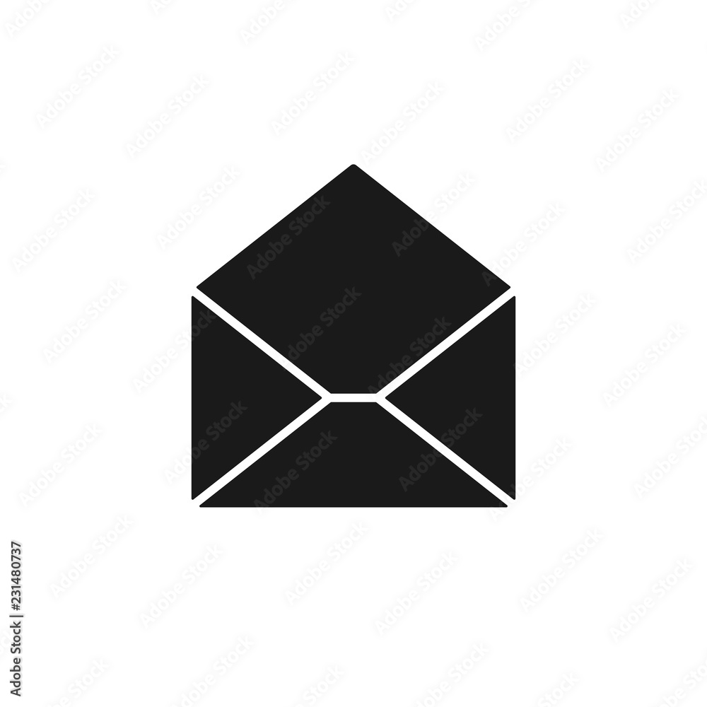 Black isolated icon of opened envelope on white background. Silhouette of postal envelope Mail, email. Flat design. Black isolated icon of opened envelope on white background. Silhouette of postal envelope Mail, email. Flat design.