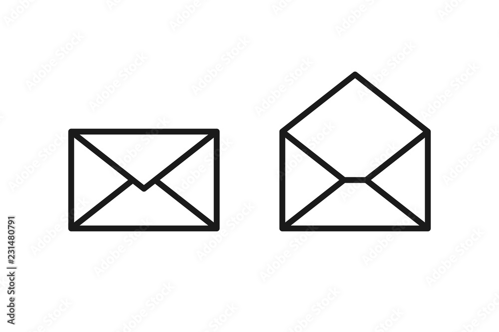 Set of black isolated outline icon of postal envelope on white background. Line Icon of opened envelope. Email, mail. Set of black isolated outline icon of postal envelope on white background. Line Icon of opened envelope. Email, mail.