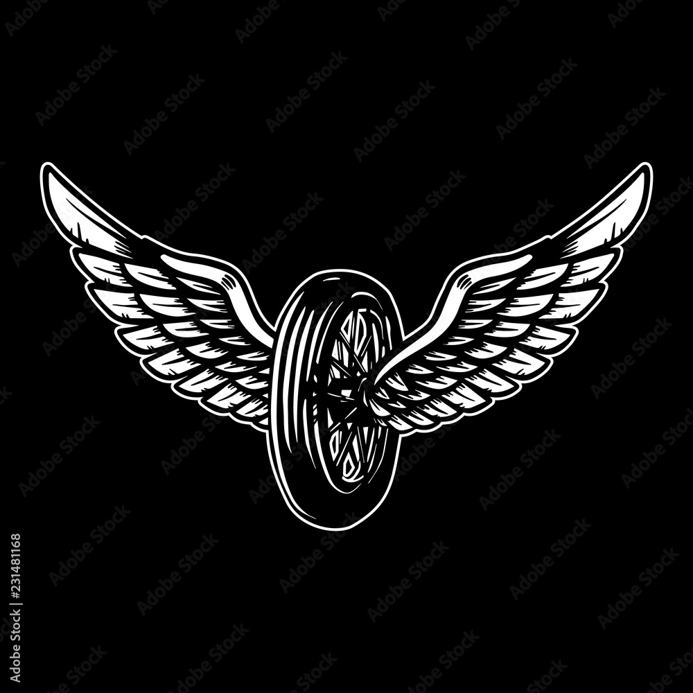 Fototapeta premium Wheel with wings illustration isolated on black background. Design element for poster, card, banner, sign, emblem, t shirt.
