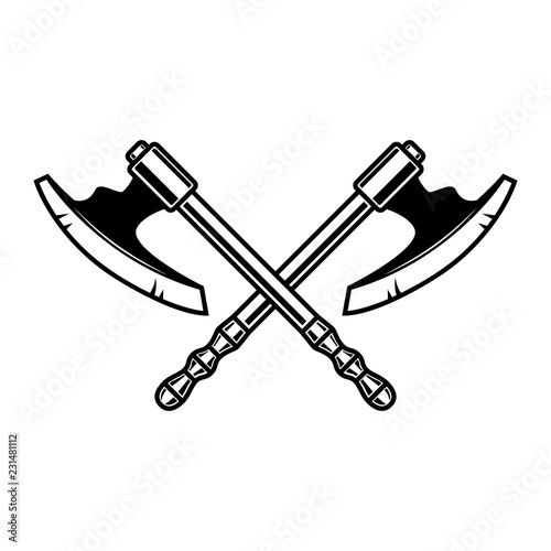 Crossed medieval axe. Design element for label, badge, sign.