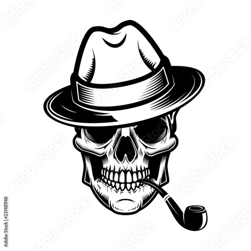Skull with hat and smoking pipe. Design element for logo, label, emblem, sign.