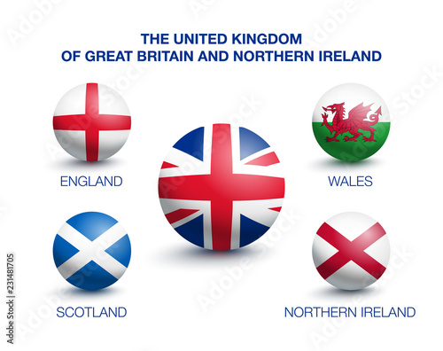 Country of Great Britain England, Scotland, Wales and Northern Ireland. Flags in the form of a ball. Vector illustration