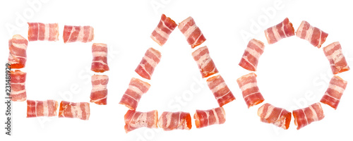 Set of three geometric shapes. Triangle, square and circle made from twisted pieces of smoked bacon isolated on white background.
