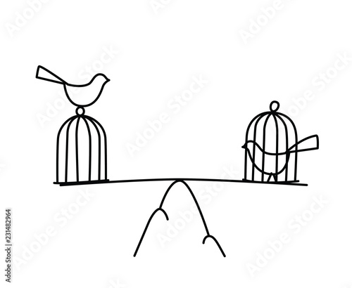 Illustration of a bird in a cage and at large. Vector. Freedom and prison. The balance between freedom and imprisonment. Metaphor. Linear style. Illustration for website or poster.