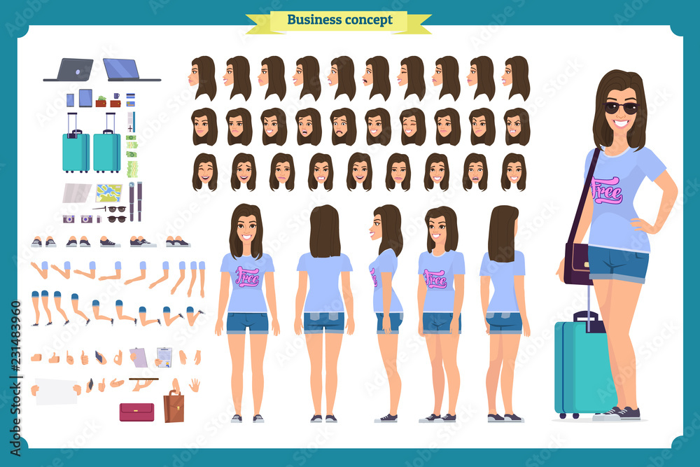 Tourist female, vacation traveller character creation set.Full length, views, emotions, gestures, tan skin tones, white background