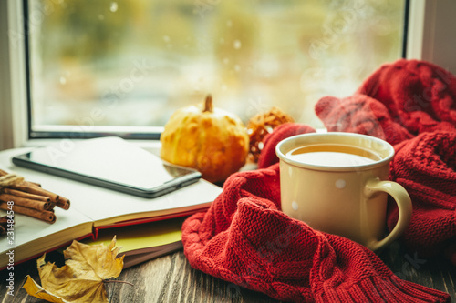 Autumn tea with scarf and leaves in front of window, copy space