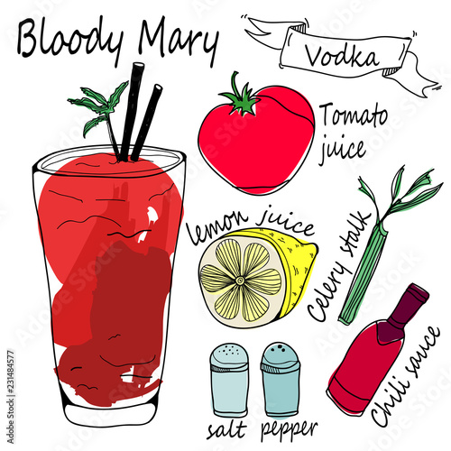 Bloody Mary ingredients. Colored graphic hand drawn vector illustration