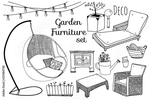 Doodle garden furniture set. Vector collection 