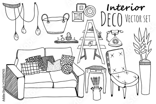 Creative graphic furniture collection. Vector doodle elements