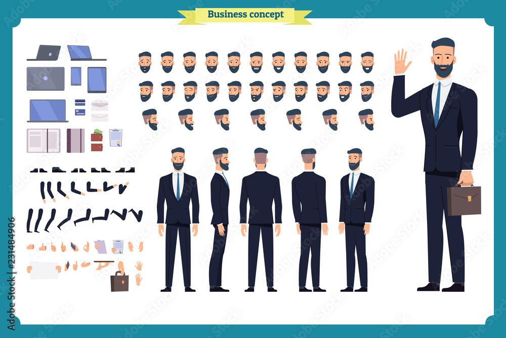 People character business set. Front, side, back view animated character.  Businessman character creation set.simple, sketch, face emotions, poses and  gestures. vector de Stock | Adobe Stock