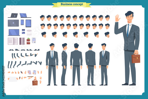 People character business set. Front, side, back view animated character. Businessman character creation set.simple, sketch, face emotions, poses and gestures.