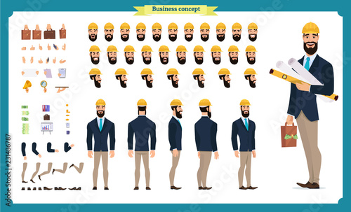 Male architect in business suit and protective helmet. Character creation set. Full length, different views, emotions and gestures. Build your own design. infographic illustration