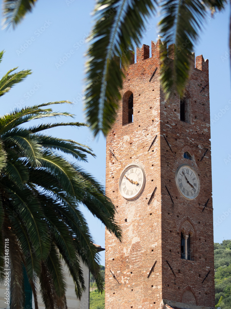 Italian clock tower with palm trees